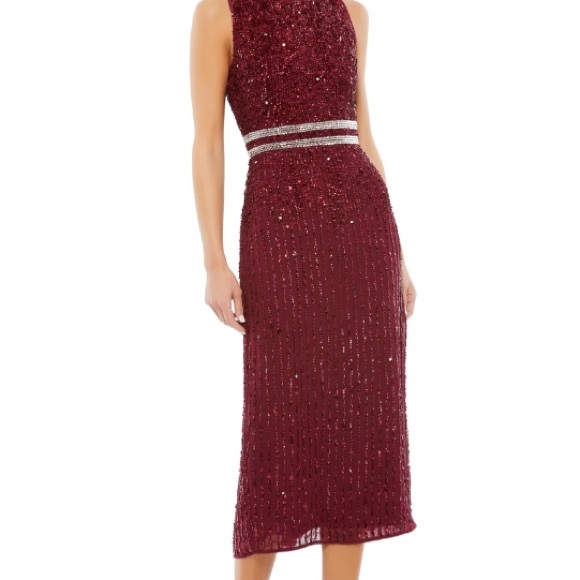 Mac Duggal – Sleeveless High Neck Beaded Midi Sheath Dress - Picture 1 of 3